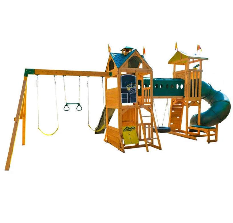 KidKraft Mockingbird View Wooden Swing Set / Playset with Tower Hoop Tunnel and Tire Swing