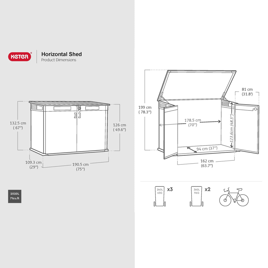 Keter 2020 L Large Outdoor Horizontal Storage Shed with Lockable Doors