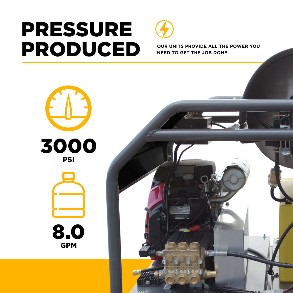 3,000 PSI 8.0GPM Hot Water Pressure Washer with Honda GX690 Engine and General Triplex Pump - HW3024HG12V