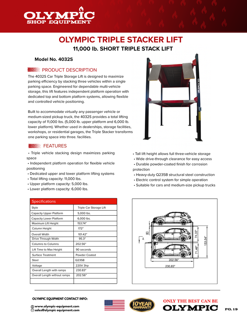 Olympic Equipment Triple Stacker-S 5,000/6,000 lb 3-Car Storage Parking Lift