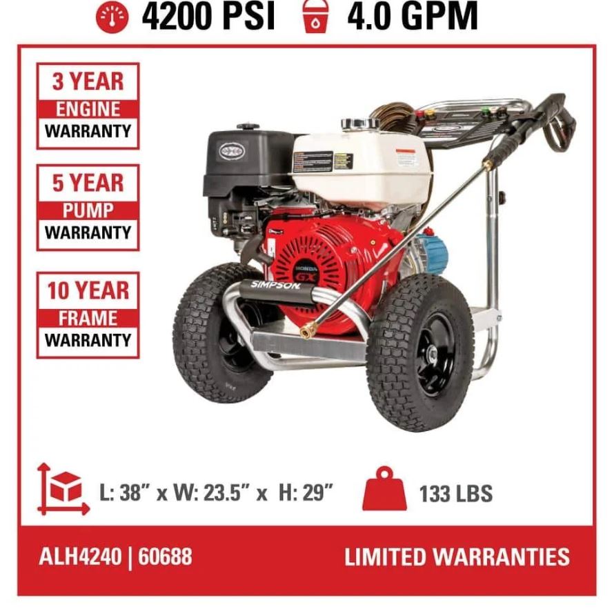 SIMPSON 4200 PSI 4.0 GPM Gas Pressure Washer, Honda GX390 Engine, Aluminum Frame, Commercial Cold Water Power Cleaner ALH4240