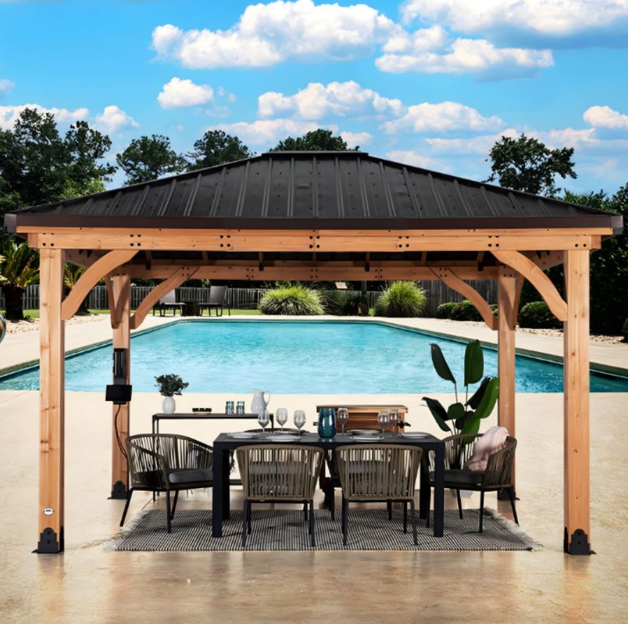 Backyard Discovery Barrington 14×12 Cedar Hardtop Gazebo with Galvanized Steel Roof & PowerPort