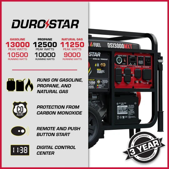 DuroMax DS13000MXT 13,000-Watt/10,500-Watt 500cc Portable Tri Fuel Portable Generator w/ CO Alert