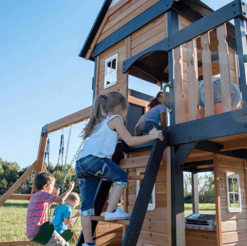 Canyon Creek All Cedar Swing Set Playset w/ Rockwall Upper Fort Belt Swings Web Swing Gray Wave Slide and Play Kitchen