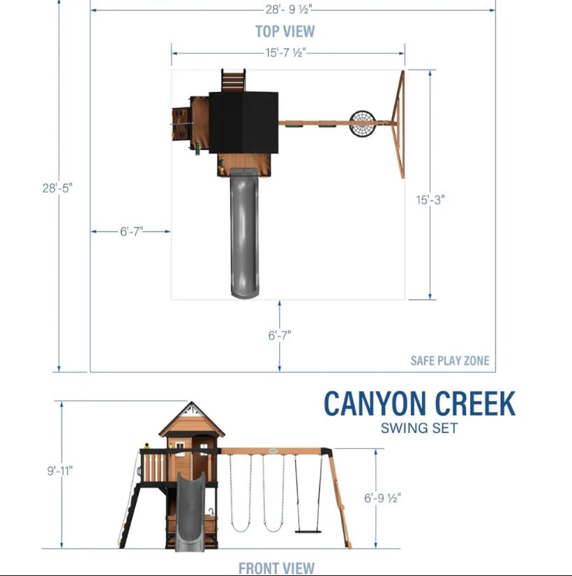 Canyon Creek All Cedar Swing Set Playset w/ Rockwall Upper Fort Belt Swings Web Swing Gray Wave Slide and Play Kitchen