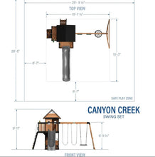 Load image into Gallery viewer, Canyon Creek All Cedar Swing Set Playset w/ Rockwall Upper Fort Belt Swings Web Swing Gray Wave Slide and Play Kitchen