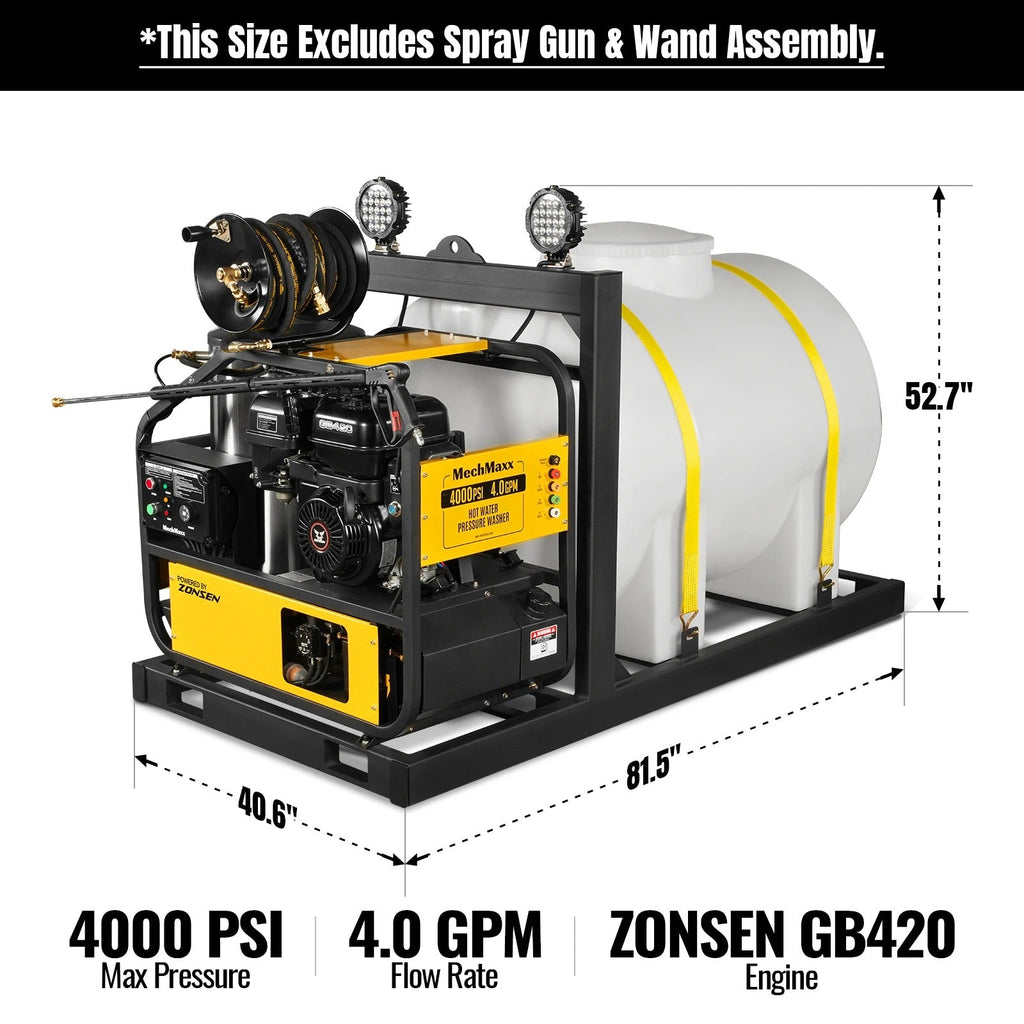 MechMaxx 4000 PSI 4 GPM ZONSEN E-Start Engine Hot Water Pressure Washer Skid Mounted with 245 Gal Tank,  HPW40DBT