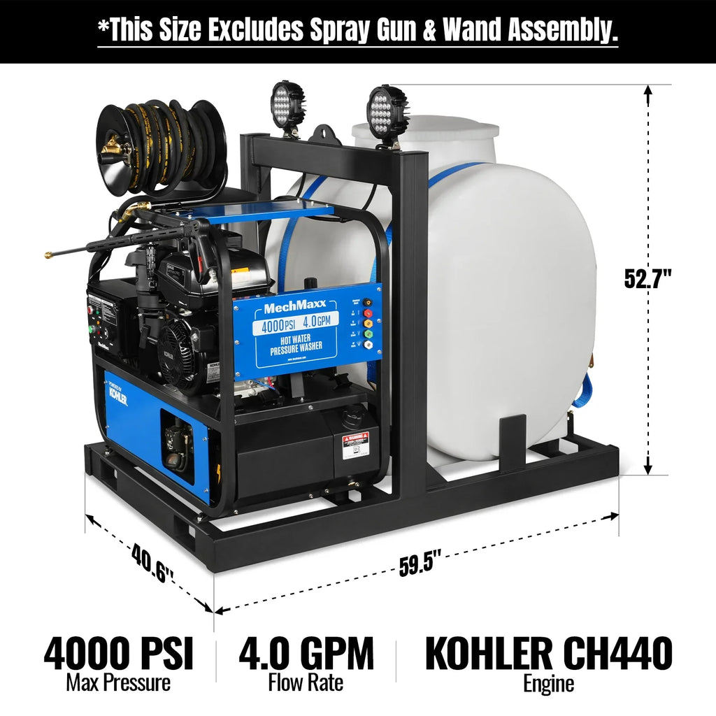 MechMaxx 4000 PSI 4 GPM KOHLER E-Start Engine Hot Water Pressure Washer Skid Mounted with 175 Gal Tank,  HPW40KT