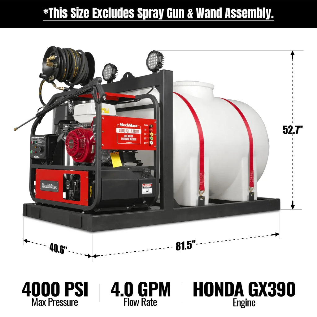 MechMaxx 4000 PSI 4 GPM HONDA E-Start Engine Hot Water Pressure Washer Skid Mounted with 245 Gal Tank, HPW40HBT