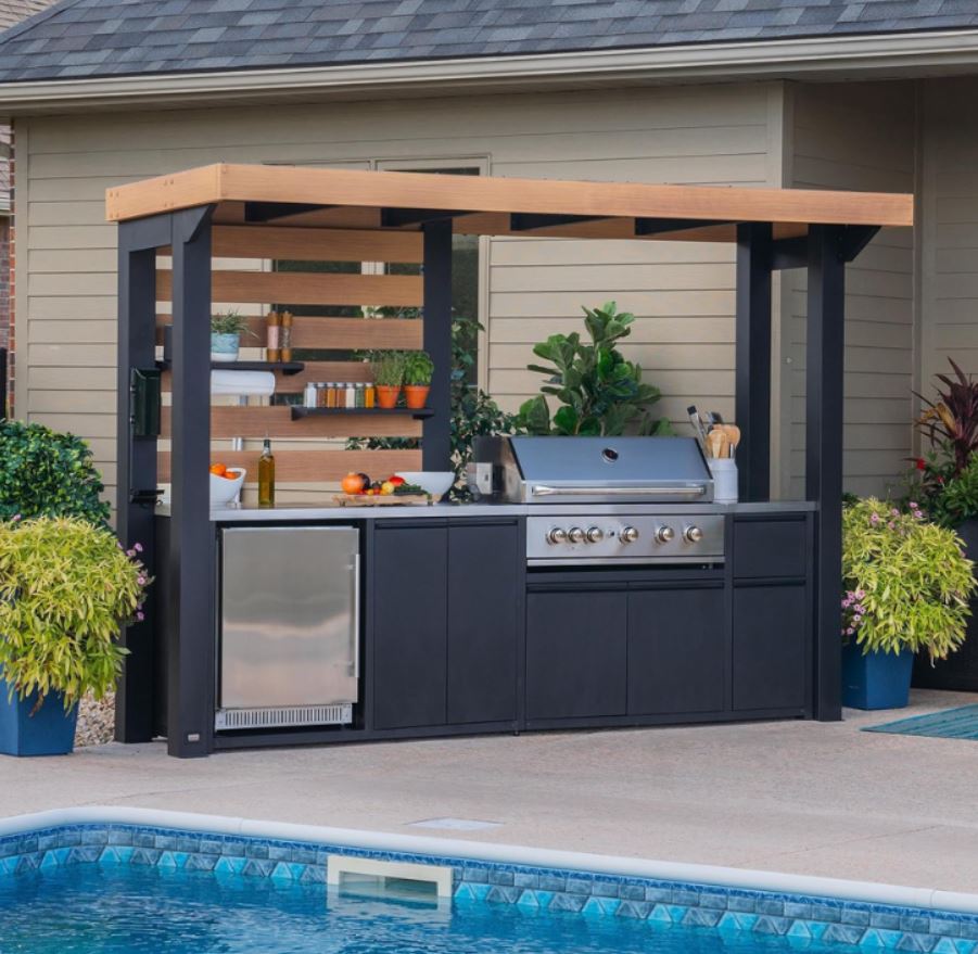Backyard Discovery Fusion Flame Covered Outdoor Kitchen with 5-Burner Grill, Refrigerator & Steel Roof