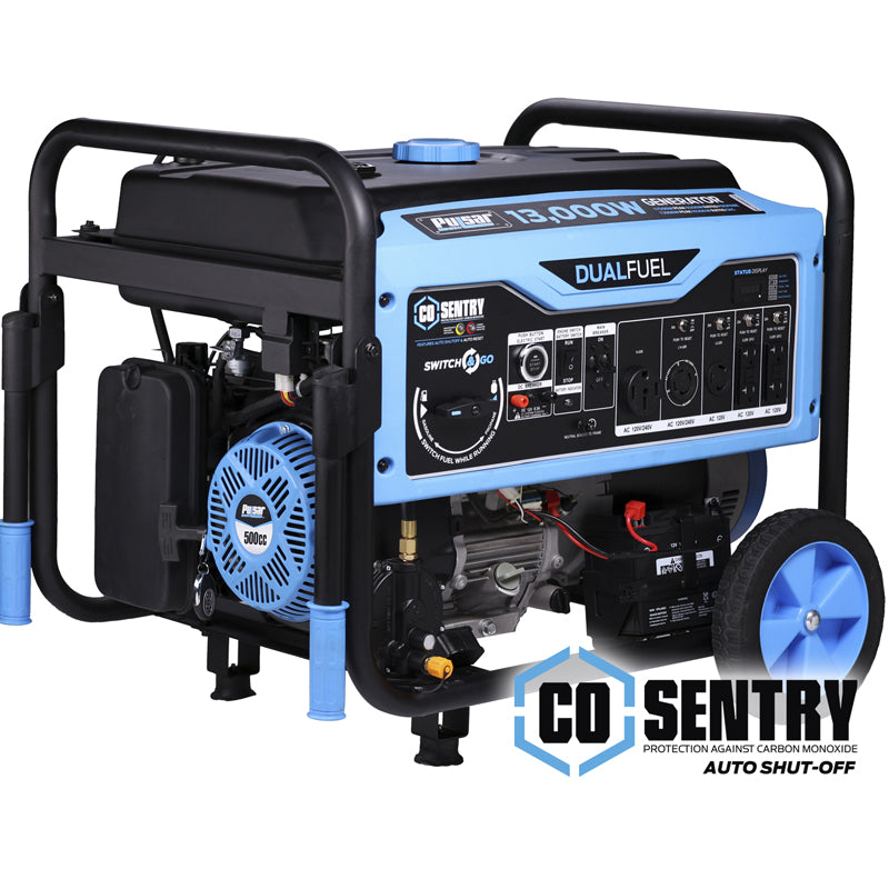 Pulsar PG13000BRCO 13,000-Watt Dual Fuel Generator with Recoil, Remote, & Push Button Start & CO Alert