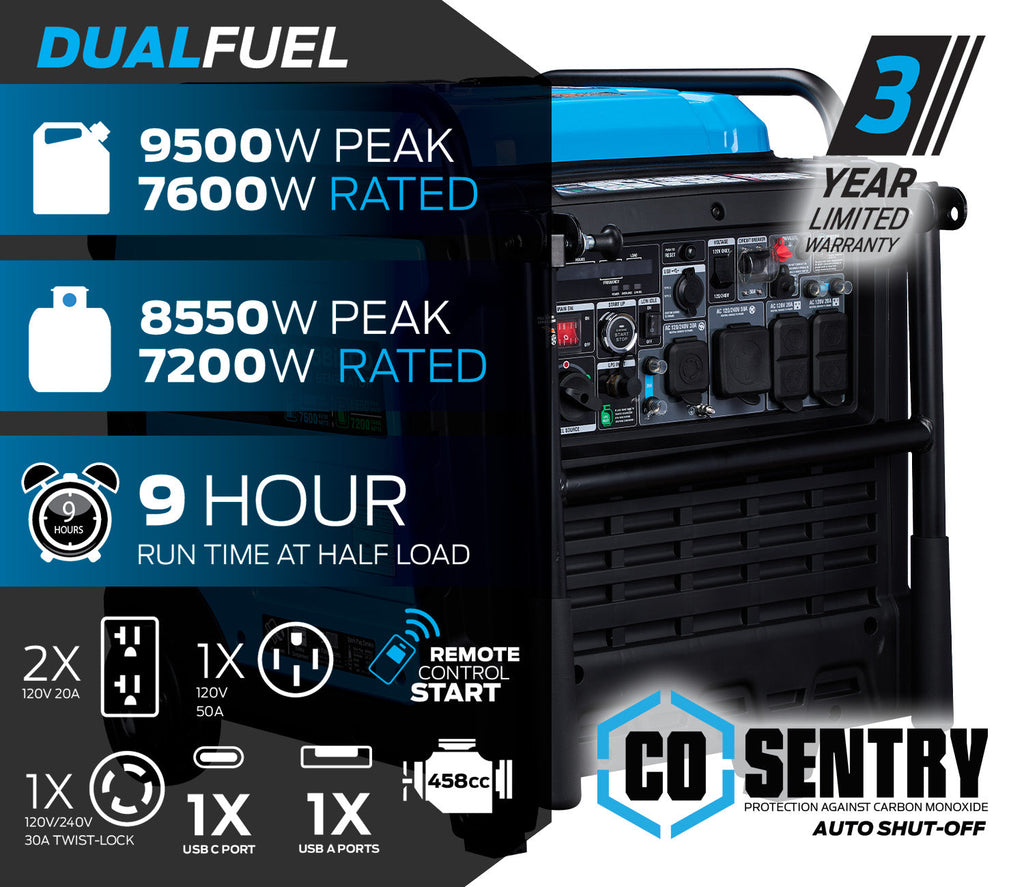 Pulsar PGD95BISCO Pulsar 9,500 Watt Super Quiet Dual Fuel Inverter Generator with CO Alert and Remote Start