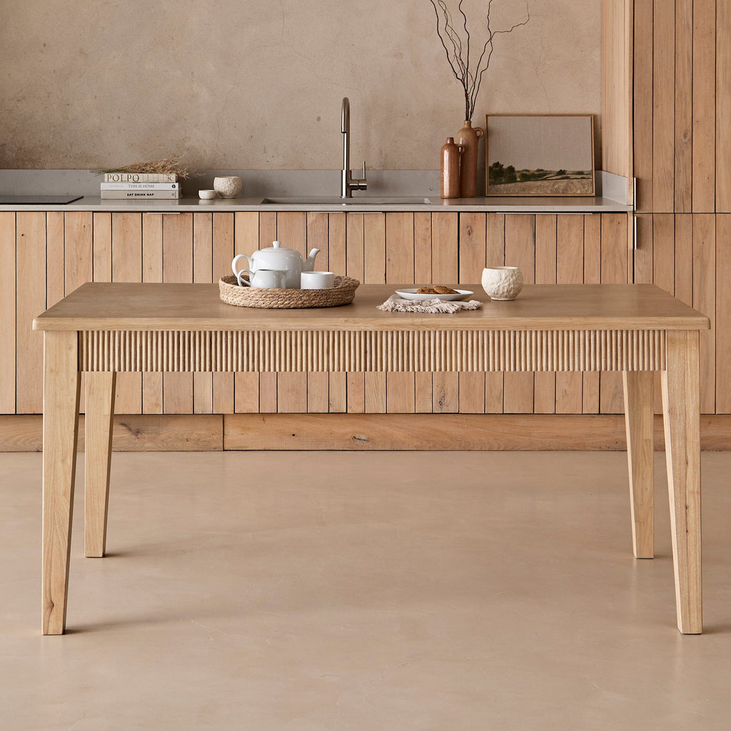 Raleigh Whitewash Oak Rectangular Dining Table Set - 6 Seater - Freya Sand Dining Chairs - Whitewash Oak Legs