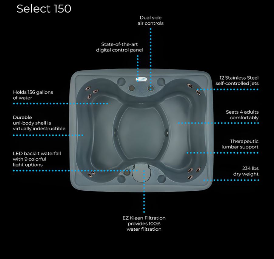AquaRest Spas Premium 150 4-Person Plug and Play Hot Tub with 12 Stainless Steel Jets, Ozone & LED Waterfall