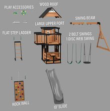 Load image into Gallery viewer, Canyon Creek All Cedar Swing Set Playset w/ Rockwall Upper Fort Belt Swings Web Swing Gray Wave Slide and Play Kitchen