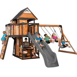 Canyon Creek All Cedar Swing Set Playset w/ Rockwall Upper Fort Belt Swings Web Swing Gray Wave Slide and Play Kitchen