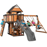 Canyon Creek All Cedar Swing Set Playset w/ Rockwall Upper Fort Belt Swings Web Swing Gray Wave Slide, and Play Kitchen