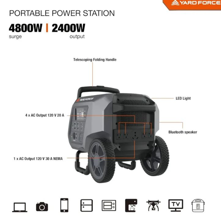 Yard Force Portable Power Station 2400-Watt Continuous 4800-Watt Peak, Bluetooth speaker, WIFI connection, Wireless Charging, RV 30A plug, LED light