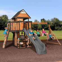Load image into Gallery viewer, Canyon Creek All Cedar Swing Set Playset w/ Rockwall Upper Fort Belt Swings Web Swing Gray Wave Slide and Play Kitchen