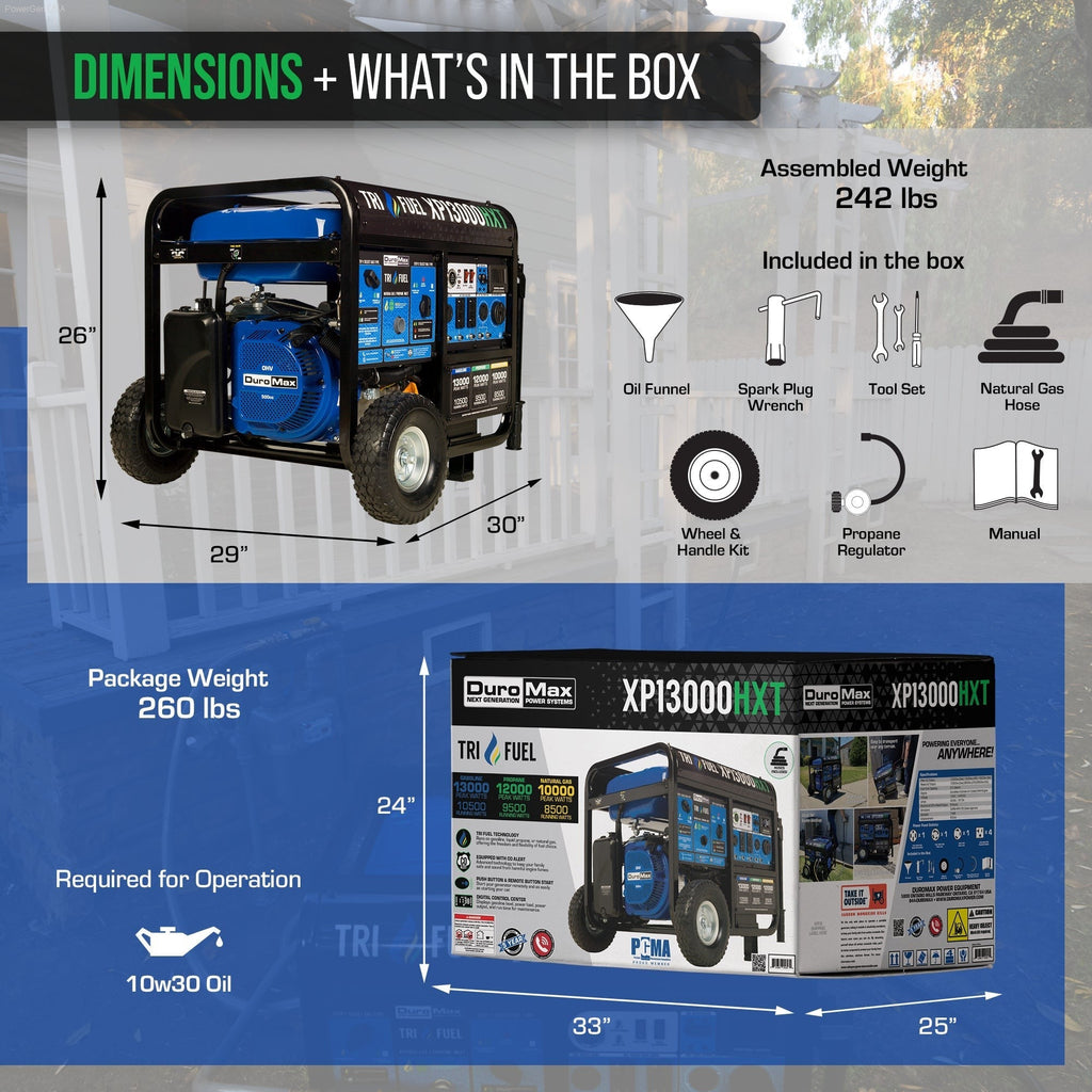 DuroMax XP13000HXT 13,000 Watt Tri Fuel Portable Home Power Backup HXT Generator w/ CO Alert