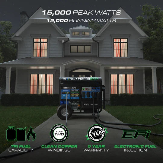 DuroMax XP15000HXT+ 15,000-Watt/12,000-Watt 500cc Electric Start TriFuel EFI Portable Generator