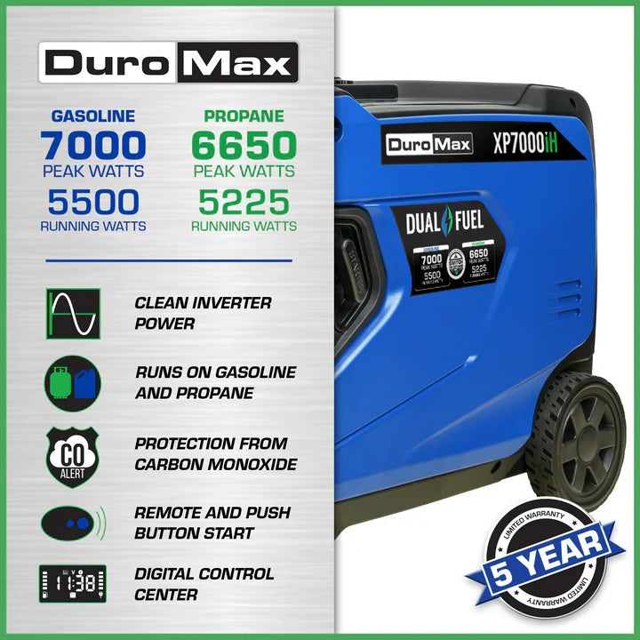 DuroMax XP7000iH 7,000 Watt Portable Dual Fuel iH Inverter Generator w/ CO Alert
