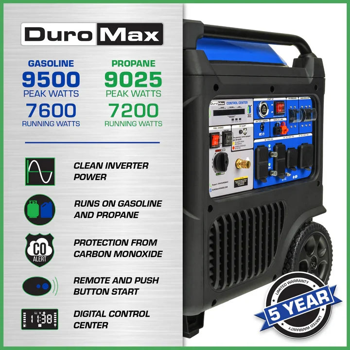 DuroMax XP9500iH 9,500 Watt Portable Dual Fuel iH Inverter Generator w/ CO Alert - PowerGen USA