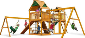 Gorilla Playsets Pioneer Peak Treehouse Wooden Swing Set with Tire Swing and Clatter Bridge and Tower