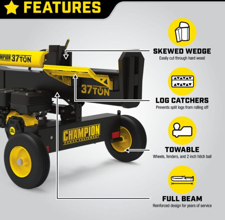 Champion Power Equipment 37-Ton Horizontal/Vertical Full Beam Gas Log Splitter with Auto Return