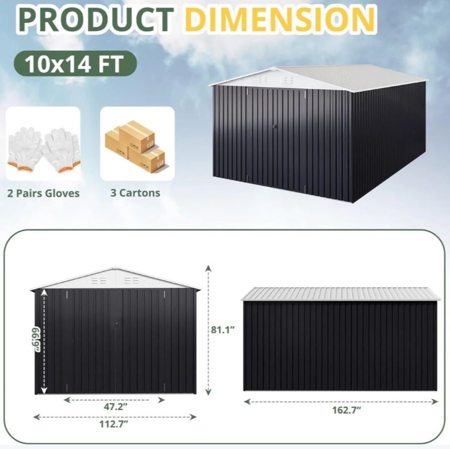 Patiowell 10 ft. W x 12 ft. D Size Upgrade Metal Storage Shed (119 sq. ft.)