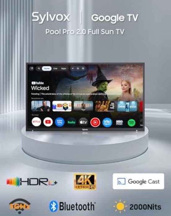S-Y-L-V-O-X 2000 Nits Full Sun Outdoor TV 65" + Heavy-Duty Adjustable Outdoor TV Wall Mount Bundle 4K UHD, Dolby Atmos, Google TV, Waterproof, Backyard, Patio, Poolside & Restaurant Ready