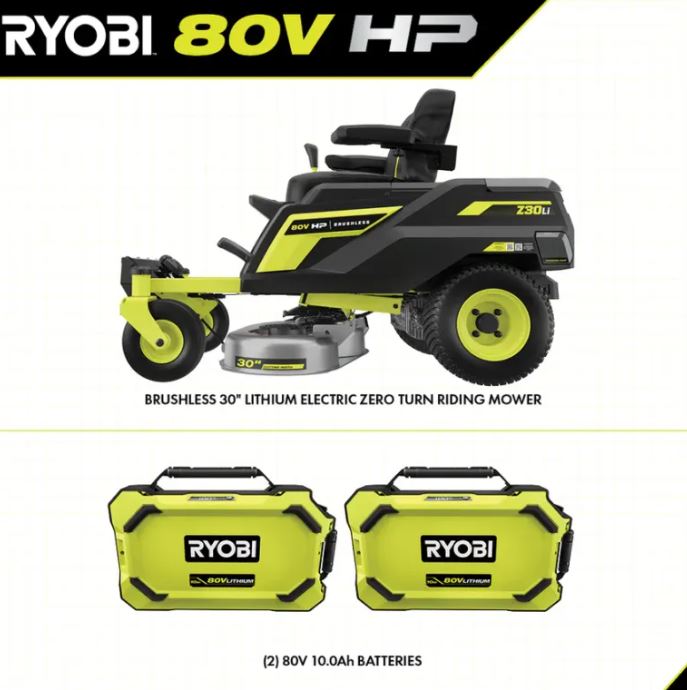 RYOBI 80V HP Brushless 30 in. Battery Electric Cordless Zero Turn Mower with 80V 10 Ah Batteries