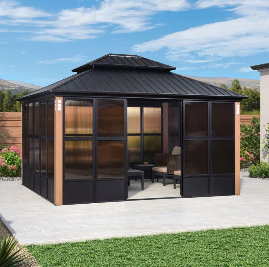12′ x 14′ Hardtop Aluminum Gazebo with Galvanized Steel Roof & Sliding Doors