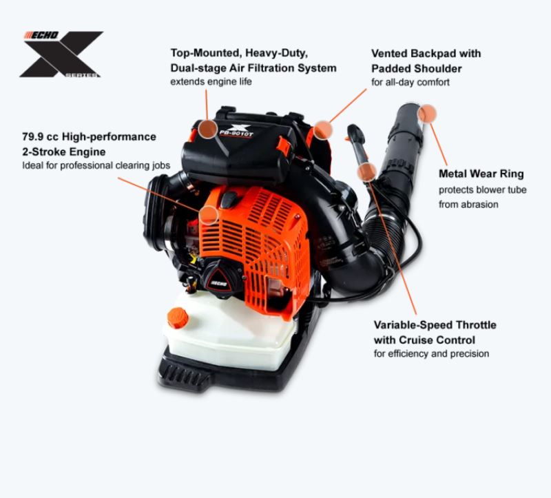 ECHO PB-9010T X Series Backpack Blower with 79.9cc Engine, 48N Blowing Force, and Vented Back Pad