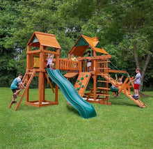 Load image into Gallery viewer, Gorilla Playsets Pioneer Peak Treehouse Wooden Swing Set with Tire Swing and Clatter Bridge and Tower