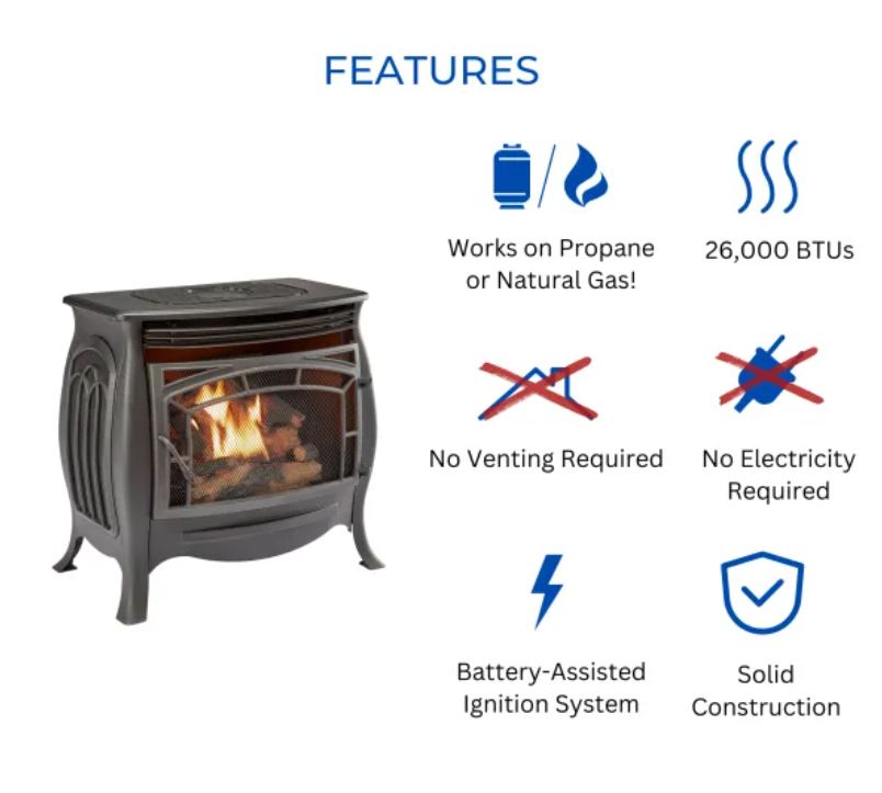 Duluth Forge Dual Fuel Ventless Gas Stove – 26,000 BTU Remote Control Matte Black Finish – Model# FDSR25