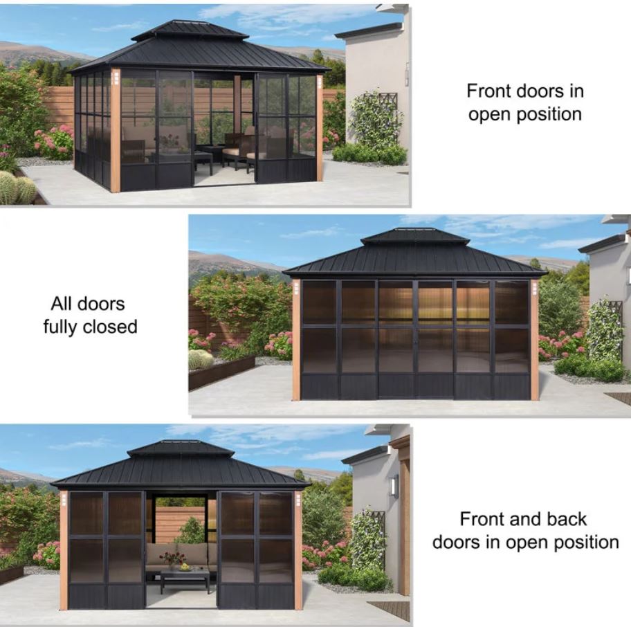 12′ x 14′ Hardtop Aluminum Gazebo with Galvanized Steel Roof & Sliding Doors