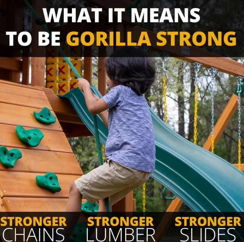 Gorilla Playsets Empire Extreme Wooden Swing Set with Monkey Bars Clatter Bridge Tower and 3 Slides