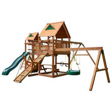 Load image into Gallery viewer, Gorilla Playsets Pioneer Peak Treehouse Wooden Swing Set with Tire Swing and Clatter Bridge and Tower