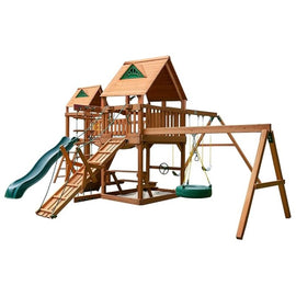 Gorilla Playsets Pioneer Peak Treehouse Wooden Swing Set with Tire Swing and Clatter Bridge and Tower