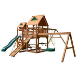 Gorilla Playsets Pioneer Peak Treehouse Wooden Swing Set with Tire Swing, and Clatter Bridge and Tower