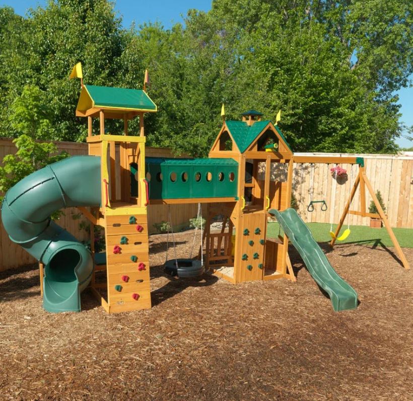 KidKraft Mockingbird View Wooden Swing Set / Playset with Tower Hoop Tunnel and Tire Swing