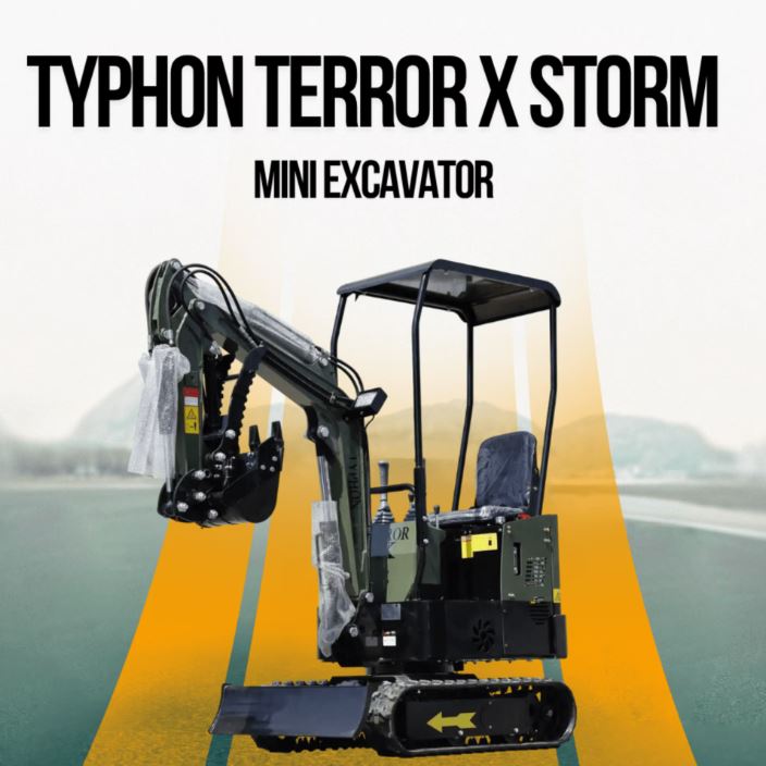 TYPHON TERROR X STORM Mini Excavator Machine – 1 Ton Trench Digger with Canopy, Hydraulic Thumb Clip, Bucket USA