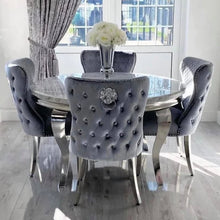 Load image into Gallery viewer, Louis marble 130Cm Round Dining Set With 4 Lewis Button Back Lion Chairs (Pewter As Shown)