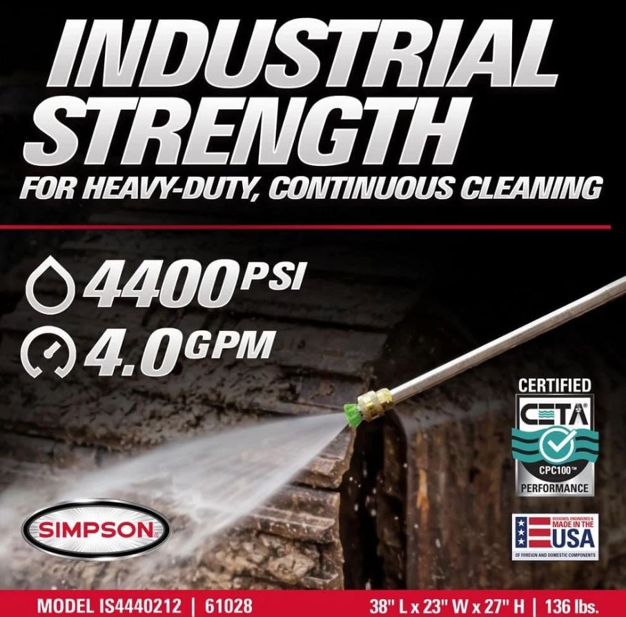 SIMPSON 4400 PSI 4.0 GPM Gas Pressure Washer with Honda GX390 Engine, Heavy-Duty Industrial Cold Water Power Washer IS61028