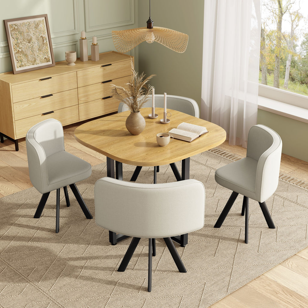 Dining Table Set 4 Chairs Square 85x85 Oak Table Beige Chairs