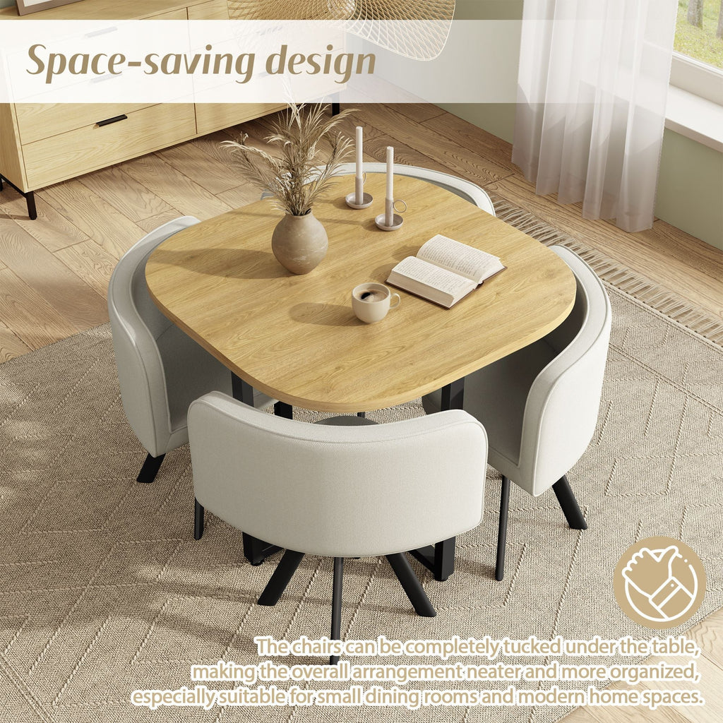 Dining Table Set 4 Chairs Square 85x85 Oak Table Beige Chairs