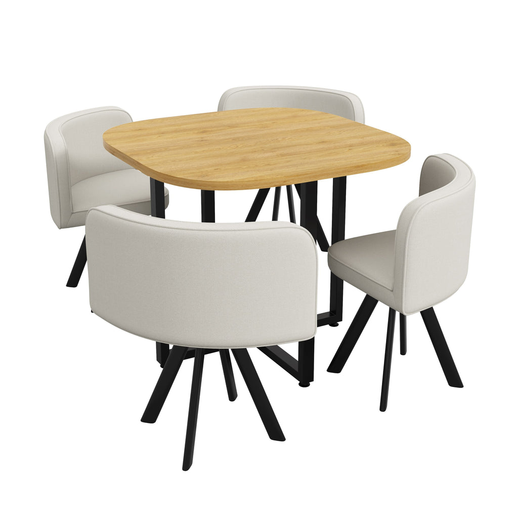 Dining Table Set 4 Chairs Square 85x85 Oak Table Beige Chairs