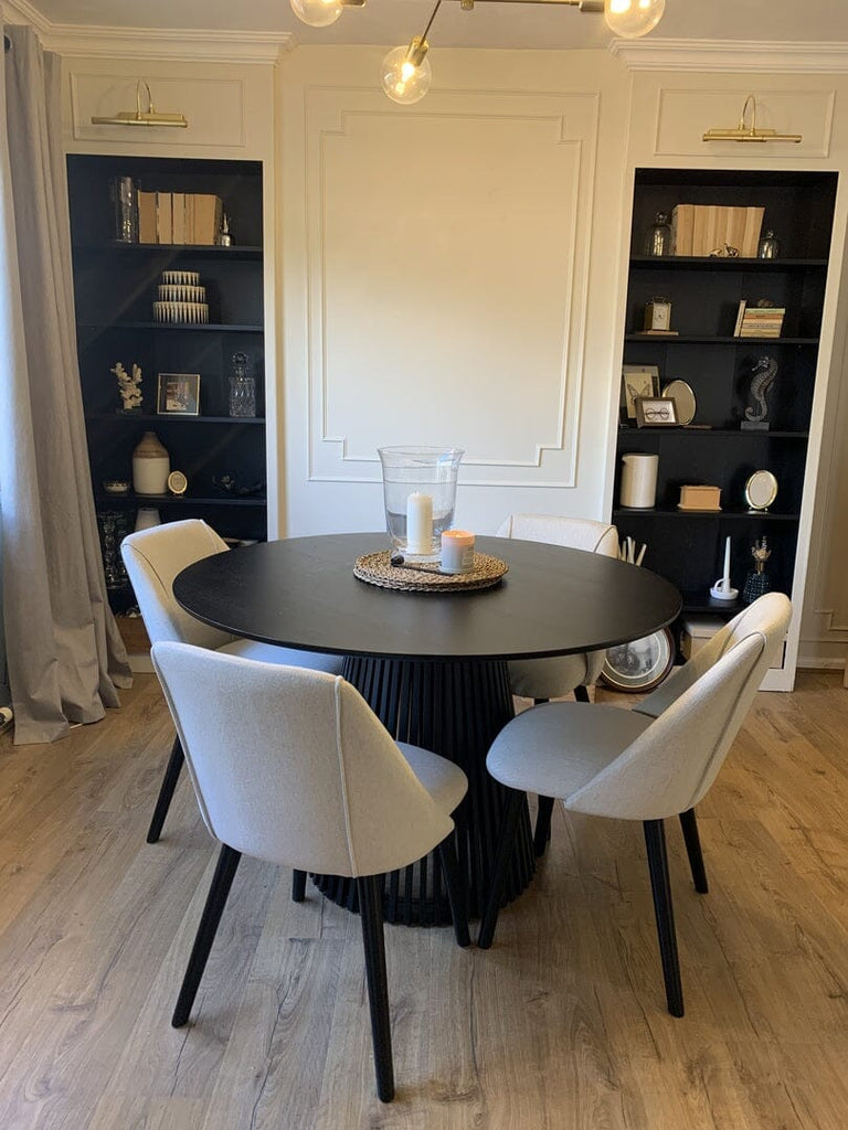Willow Black Dining Table Set - 4 Seater - Freya Sand Dining Chairs - Black Oak Legs