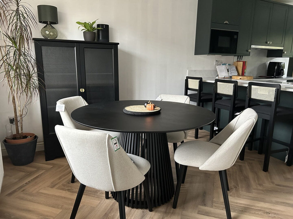 Willow Black Dining Table Set - 4 Seater - Freya Sand Dining Chairs - Black Oak Legs